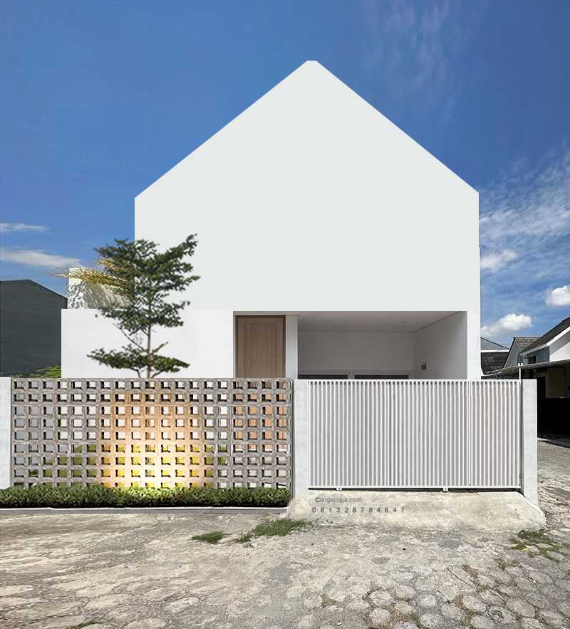 Menghadirkan Keanggunan Fasad Putih dalam Desain Rumah Scandinavia Satu Lantai dengan Pagar Roster Minimalis