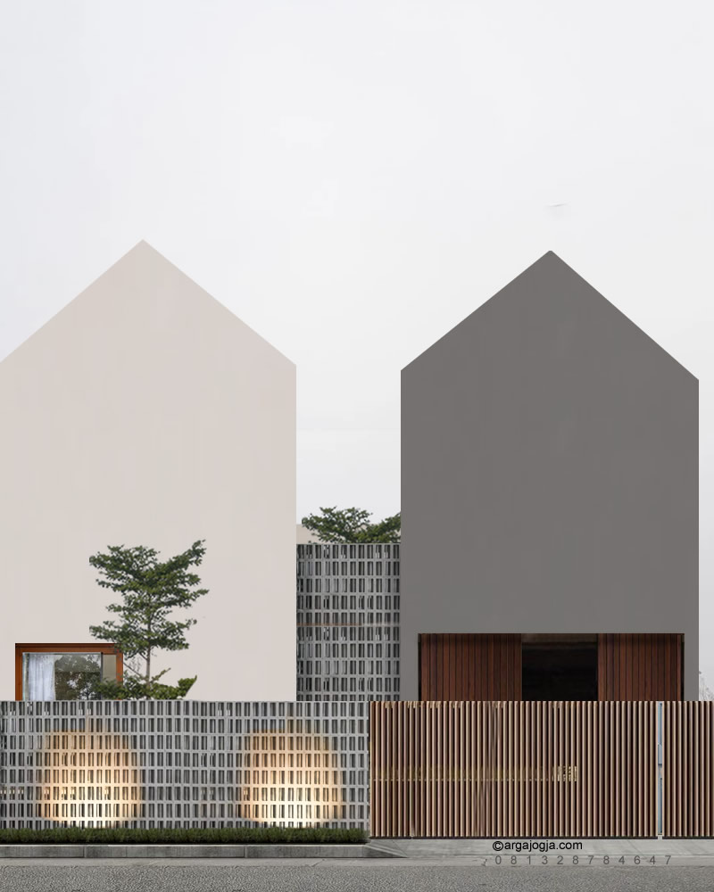 Desain Fasad Rumah Kembar Bergaya Scandinavian dengan Kombinasi Roster dan Kayu