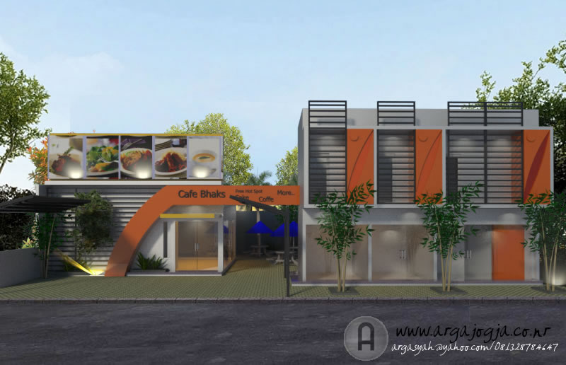 Desain Fasad Tempat Usaha Cafe dan Ruko 2 Lantai Modern Front View