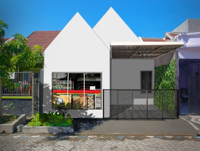 Desain Fasad Putih Simpel Rumah Kecil dengan Minimarket