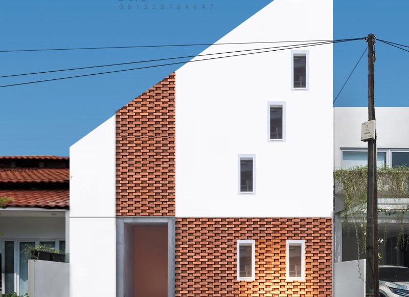 Desain Fasad Rumah Segitiga Putih Bata Ekspos Semi 2 Lantai