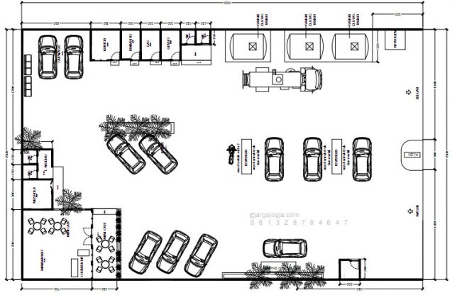 Desain Layout SPBU dengan Minimarket dan Carwash