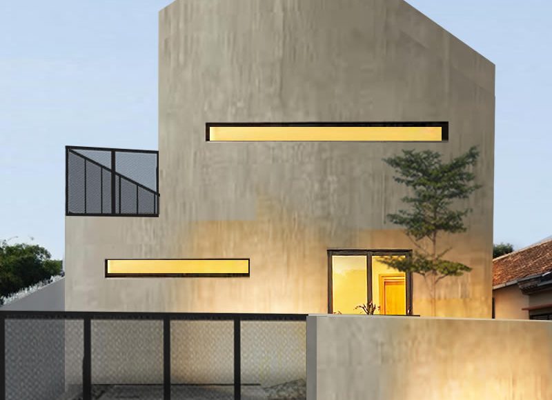 Desain Fasad Industrial Simpel dengan Balkon Samping