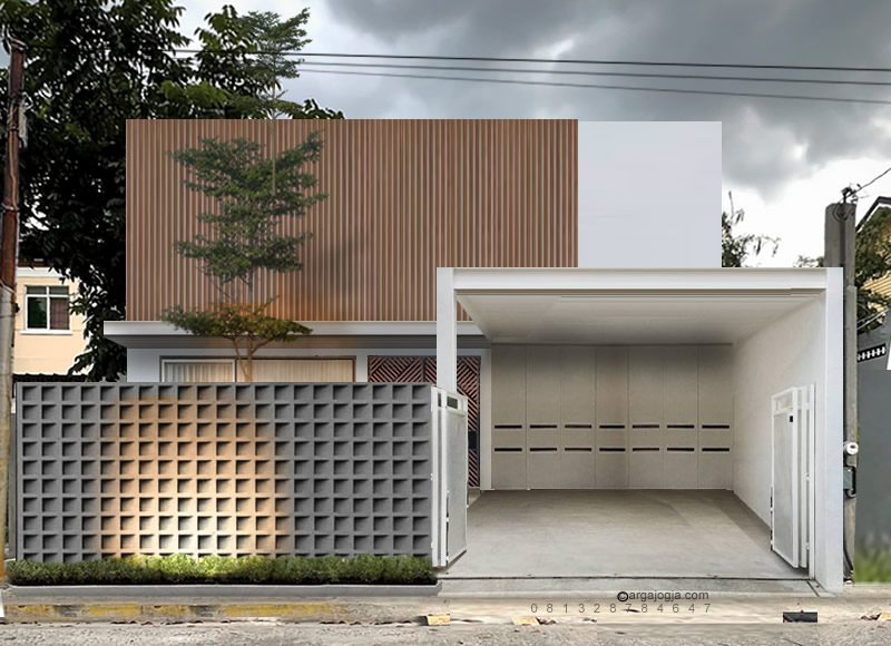 Elegansi dalam Kesederhanaan: Desain Rumah Putih Fasad Putih Kayu Pagar Roster 1 Lantai