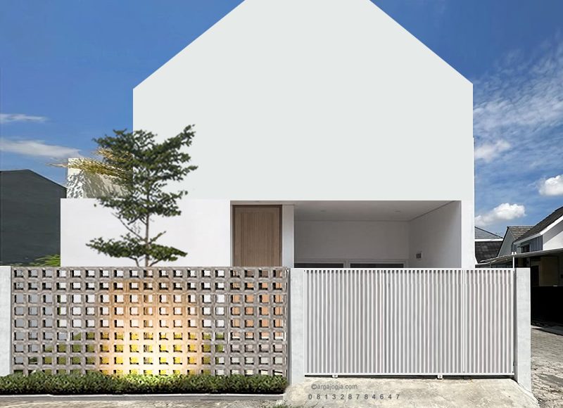 Menghadirkan Keanggunan Fasad Putih dalam Desain Rumah Scandinavian Satu Lantai dengan Pagar Roster Minimalis